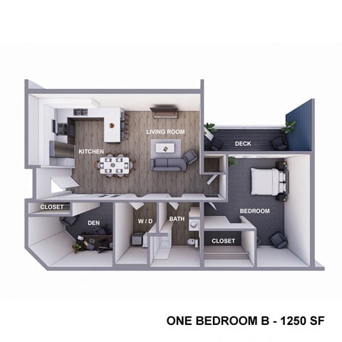 Floor plan for 1 bed, 1 bath, 1250 sqft
